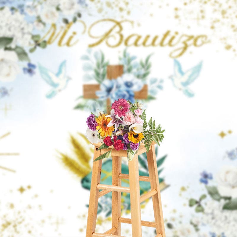 Aperturee - Aperturee Floral Glitter Cross Blue Dove Mi Bautize Backdrop