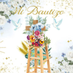 Aperturee - Aperturee Floral Glitter Cross Blue Dove Mi Bautize Backdrop