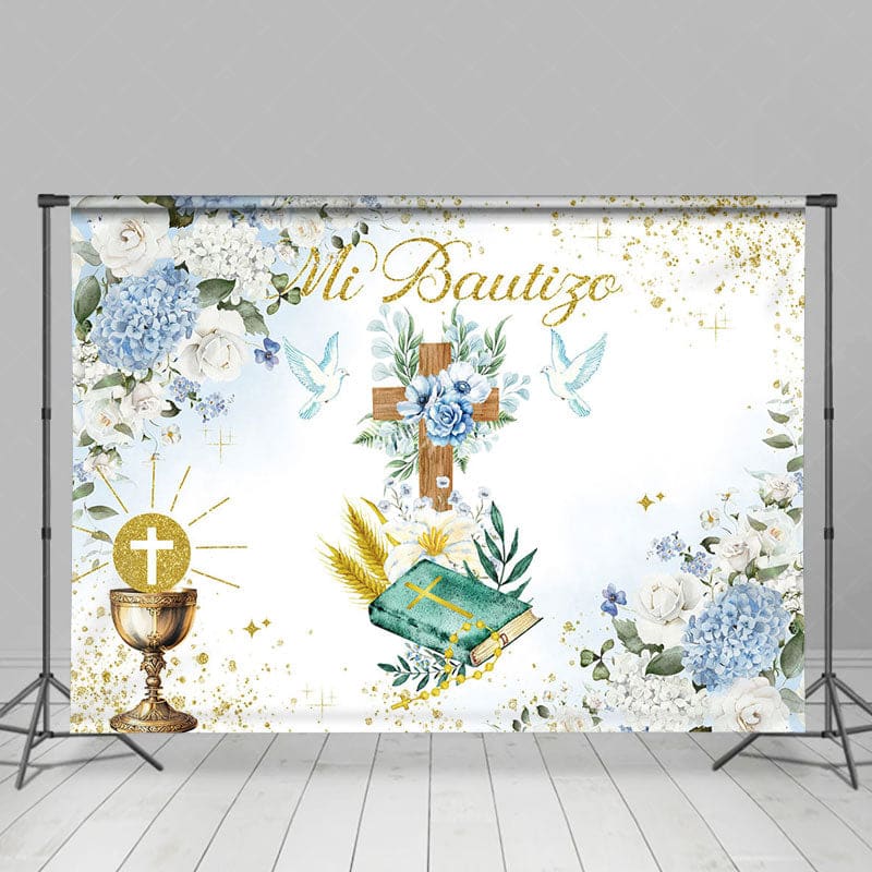 Aperturee - Aperturee Floral Glitter Cross Blue Dove Mi Bautize Backdrop