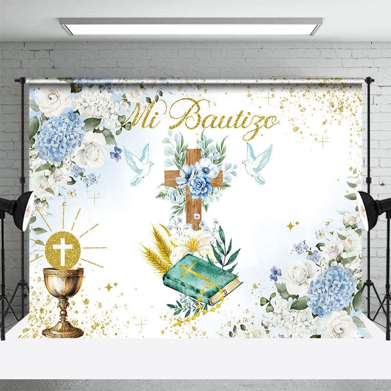 Aperturee - Aperturee Floral Glitter Cross Blue Dove Mi Bautize Backdrop