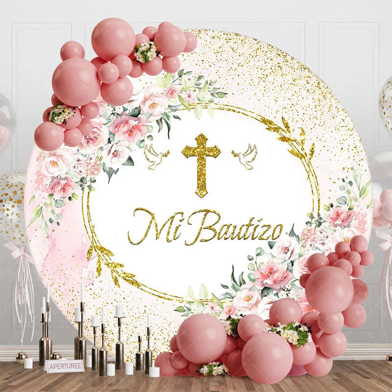 Aperturee - Aperturee Floral Gold Cross Mi Bautizo Round Baptism Backdrop