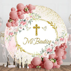 Aperturee - Aperturee Floral Gold Cross Mi Bautizo Round Baptism Backdrop