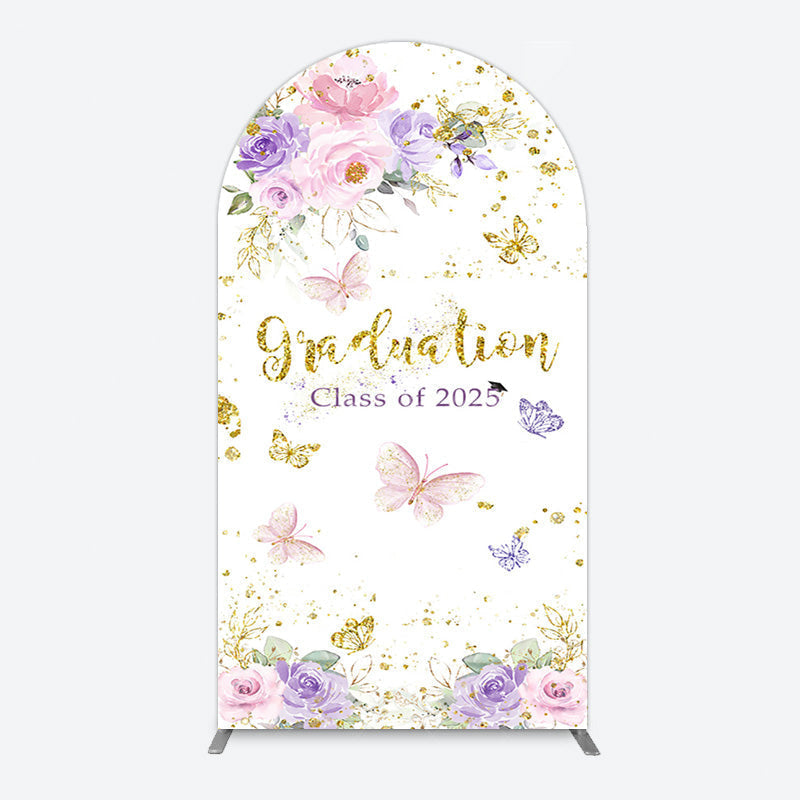 Aperturee - Aperturee Floral Gold Glitter Congrats Graduation Arch Backdrop