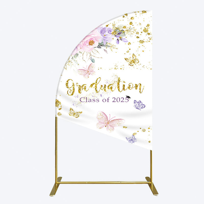 Aperturee - Aperturee Floral Gold Glitter Congrats Graduation Half Moon Arch Backdrop