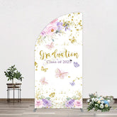 Aperturee - Aperturee Floral Gold Glitter Congrats Graduation Half Moon Arch Backdrop