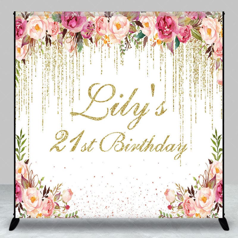 Aperturee - Aperturee Floral Gold Glitter Custom Name 21st Birthday Backdrop