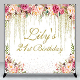 Aperturee - Aperturee Floral Gold Glitter Custom Name 21st Birthday Backdrop