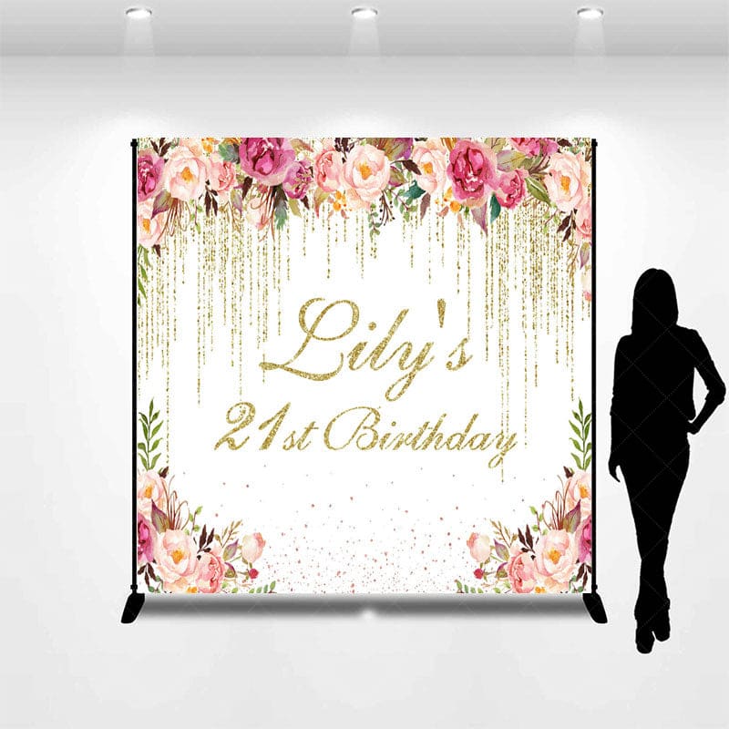 Aperturee - Aperturee Floral Gold Glitter Custom Name 21st Birthday Backdrop