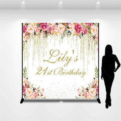 Aperturee - Aperturee Floral Gold Glitter Custom Name 21st Birthday Backdrop