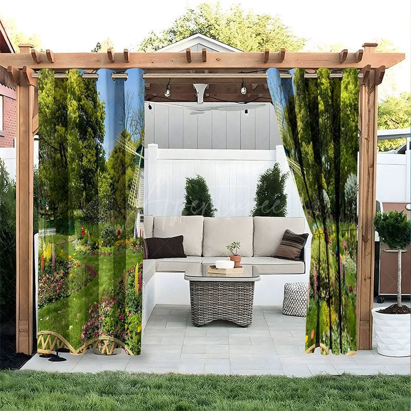 Aperturee - Aperturee Floral Grass View Waterproof Printed Outdoor Curtains