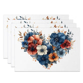 Aperturee - Aperturee Floral Heart Blue Red Set of 4 Placemats Watercolor Flower Valentine Decoration Elegant Love Dining Table Mat