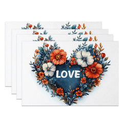 Aperturee - Aperturee Floral Heart Love Sign Set of 4 Placemats Blue Red Flower Valentine Decoration Romantic Text Dining Table Mat