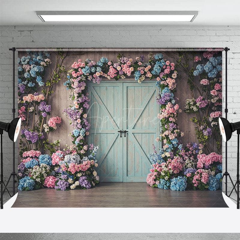Aperturee - Aperturee Floral Hydrangea Arch Farm Door Wedding Backdrop