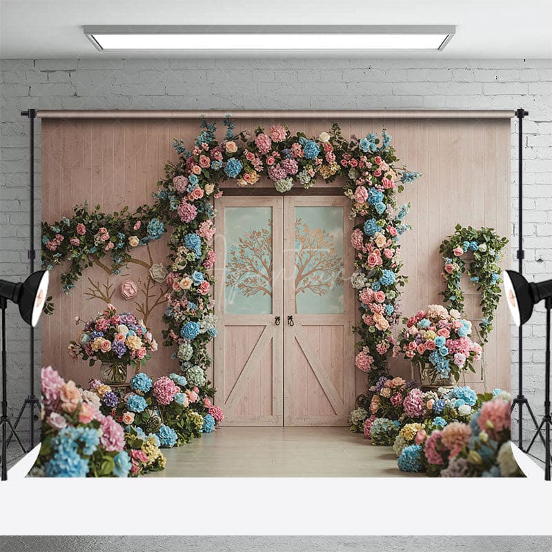 Aperturee - Aperturee Floral Hydrangea Sweet Wooded Door Wedding Backdrop
