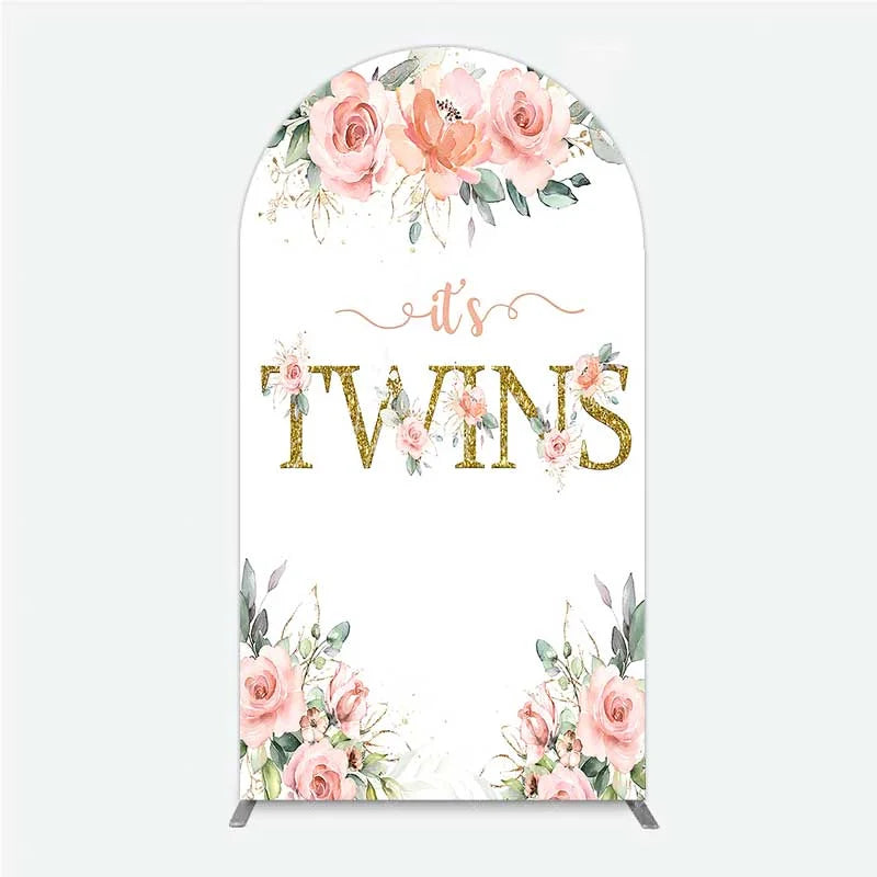Aperturee - Aperturee Floral It’s Twins Arch Backdrop with Pink Roses Gold Glitter Baby Shower Decoration for Twin Girls