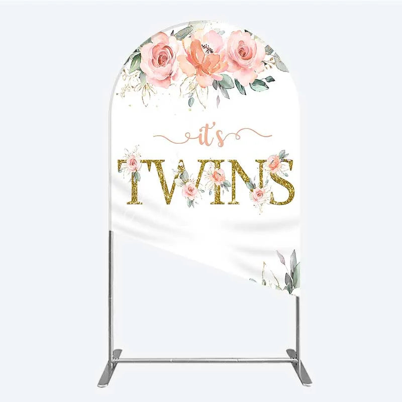 Aperturee - Aperturee Floral It’s Twins Arch Backdrop with Pink Roses Gold Glitter Baby Shower Decoration for Twin Girls