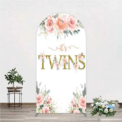 Aperturee - Aperturee Floral It’s Twins Arch Backdrop with Pink Roses Gold Glitter Baby Shower Decoration for Twin Girls