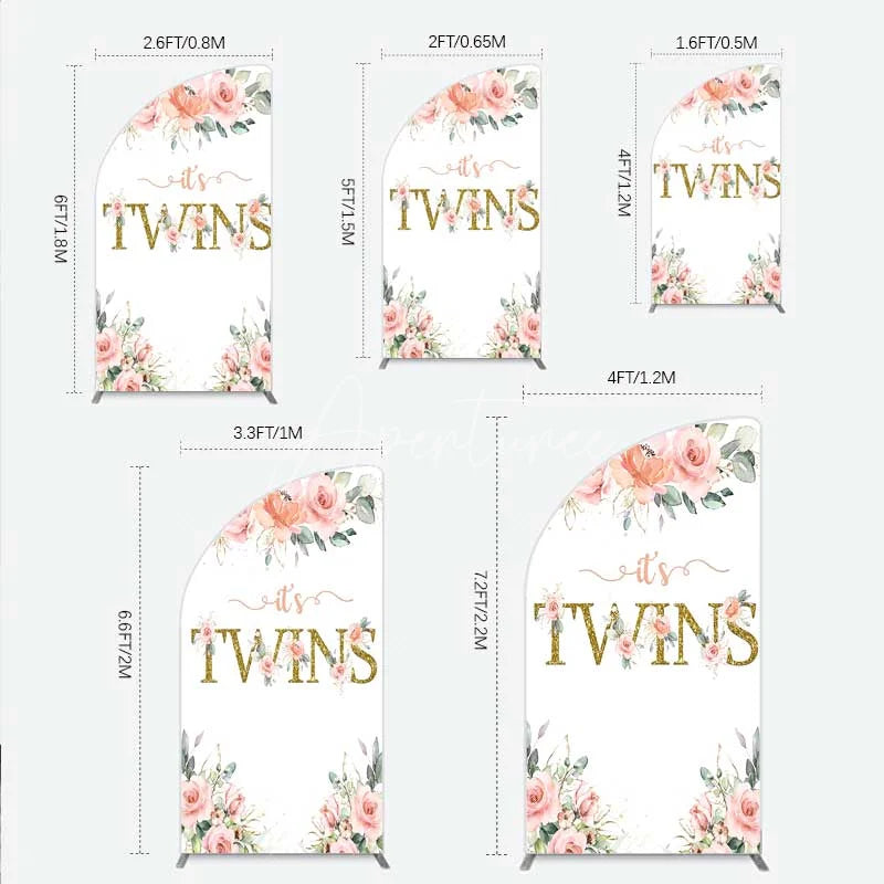 Aperturee - Aperturee Floral It’s Twins Half Moon Arch Backdrop with Pink Roses Gold Glitter Baby Shower Decoration for Twin Girls