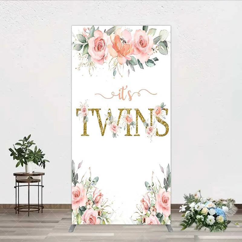 Aperturee - Aperturee Floral It’s Twins Rectangle Backdrop with Pink Roses Gold Glitter Baby Shower Decoration for Twin Girls