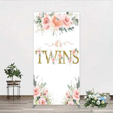 Aperturee - Aperturee Floral It’s Twins Rectangle Backdrop with Pink Roses Gold Glitter Baby Shower Decoration for Twin Girls