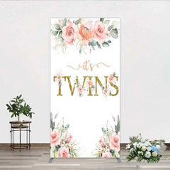 Aperturee - Aperturee Floral It’s Twins Rectangle Backdrop with Pink Roses Gold Glitter Baby Shower Decoration for Twin Girls