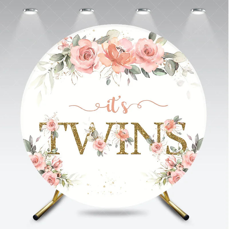 Aperturee - Aperturee Floral It’s Twins Round Backdrop with Pink Roses Gold Glitter Baby Shower Decoration for Twin Girls Party