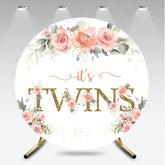 Aperturee - Aperturee Floral It’s Twins Round Backdrop with Pink Roses Gold Glitter Baby Shower Decoration for Twin Girls Party