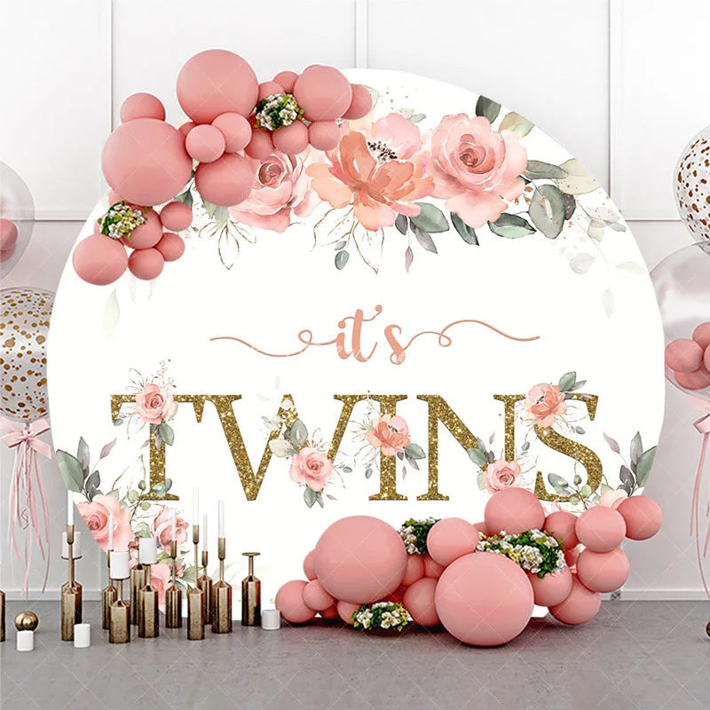 Aperturee - Aperturee Floral It’s Twins Round Backdrop with Pink Roses Gold Glitter Baby Shower Decoration for Twin Girls Party