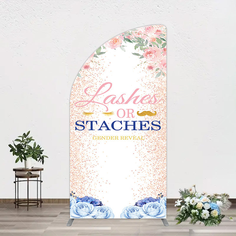 Aperturee - Aperturee Floral Lashes Or Staches Gender Reveal Half Moon Arch Backdrop