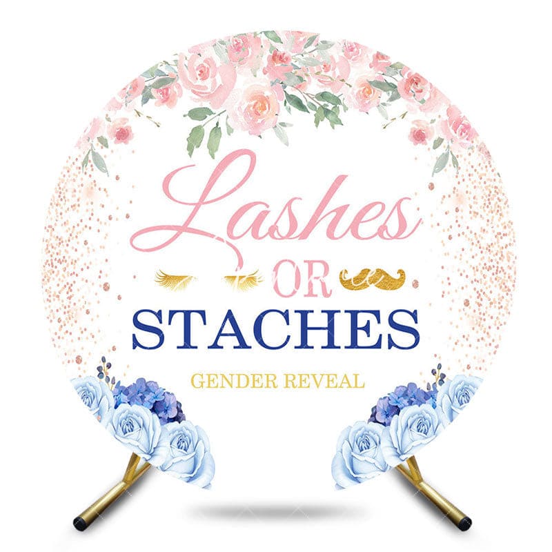 Aperturee - Aperturee Floral Lashes Or Staches Round Gender Reveal Backdrop