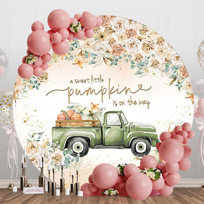 Aperturee - Aperturee Floral Little Pumpkin Green Truck Round Backdrop