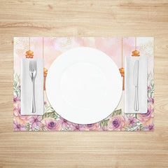 Aperturee - Aperturee Floral Moon Ramadan Set of 4 Placemats Watercolor Purple Rose and Gold Lantern Eid Mubarak Table Mats