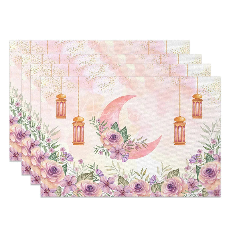 Aperturee - Aperturee Floral Moon Ramadan Set of 4 Placemats Watercolor Purple Rose and Gold Lantern Eid Mubarak Table Mats