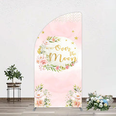 Aperturee - Aperturee Floral Over The Moon Pink Baby Shower Half Moon Arch Backdrop