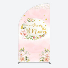 Aperturee - Aperturee Floral Over The Moon Pink Baby Shower Half Moon Arch Backdrop
