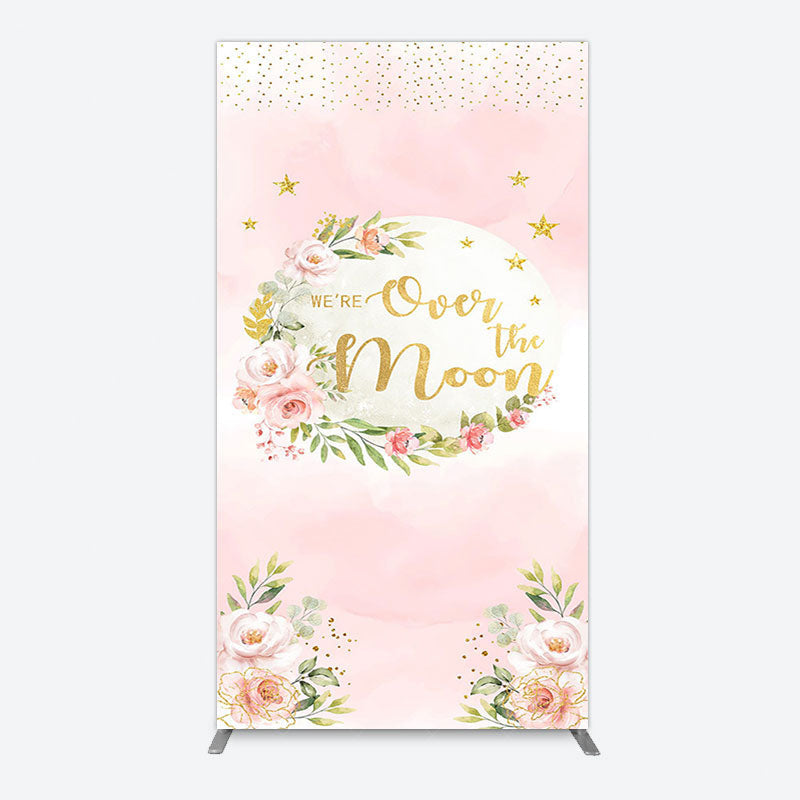 Aperturee - Aperturee Floral Over The Moon Pink Baby Shower Rectangle Backdrop