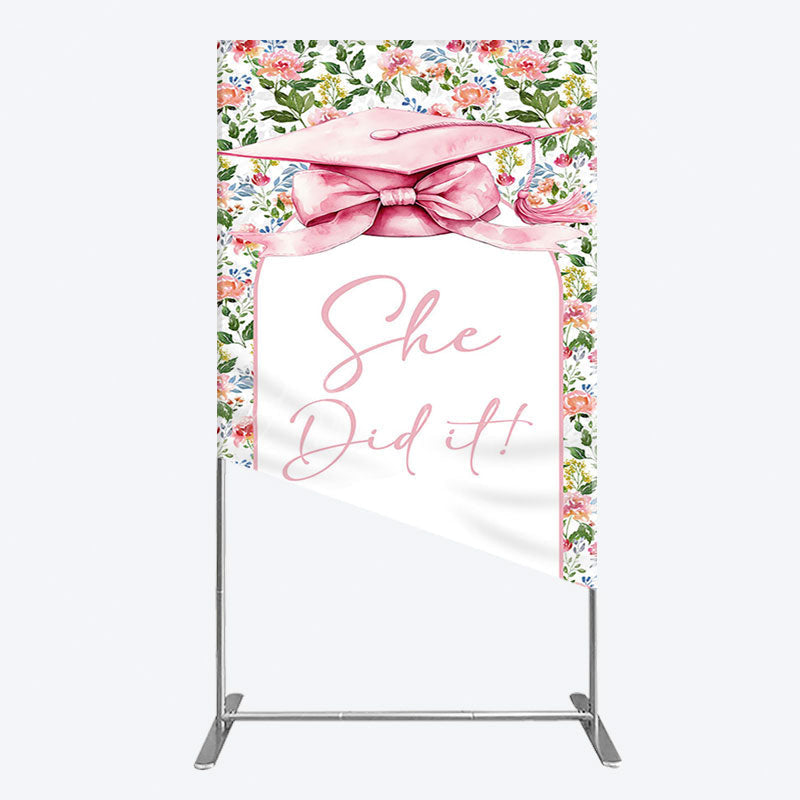 Aperturee - Aperturee Floral Pink Bachelor Cap She Did It Grad Rectangle Backdrop