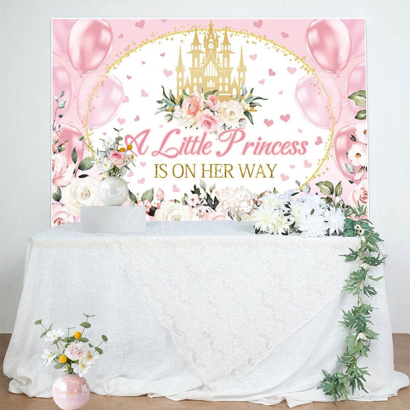 Aperturee - Aperturee Floral Pink Balloons Castle Baby Shower Backdrop
