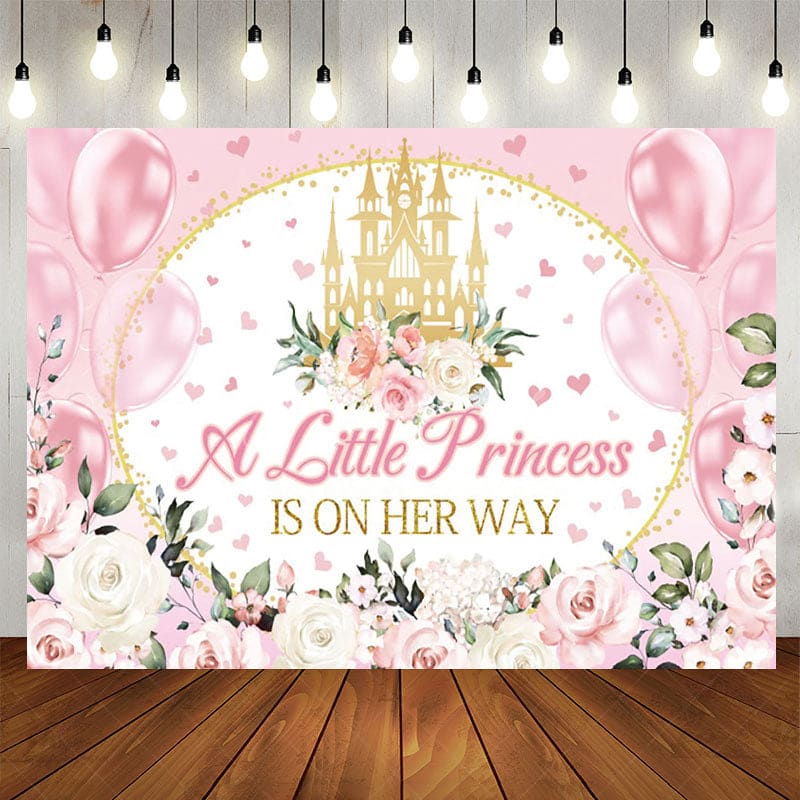 Aperturee - Aperturee Floral Pink Balloons Castle Baby Shower Backdrop