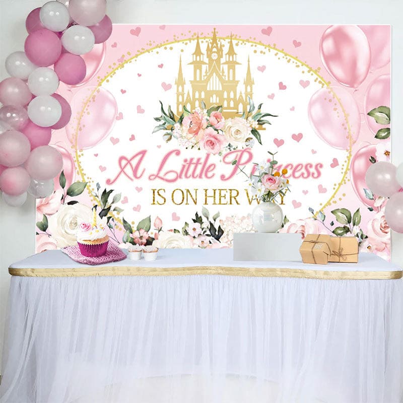 Aperturee - Aperturee Floral Pink Balloons Castle Baby Shower Backdrop