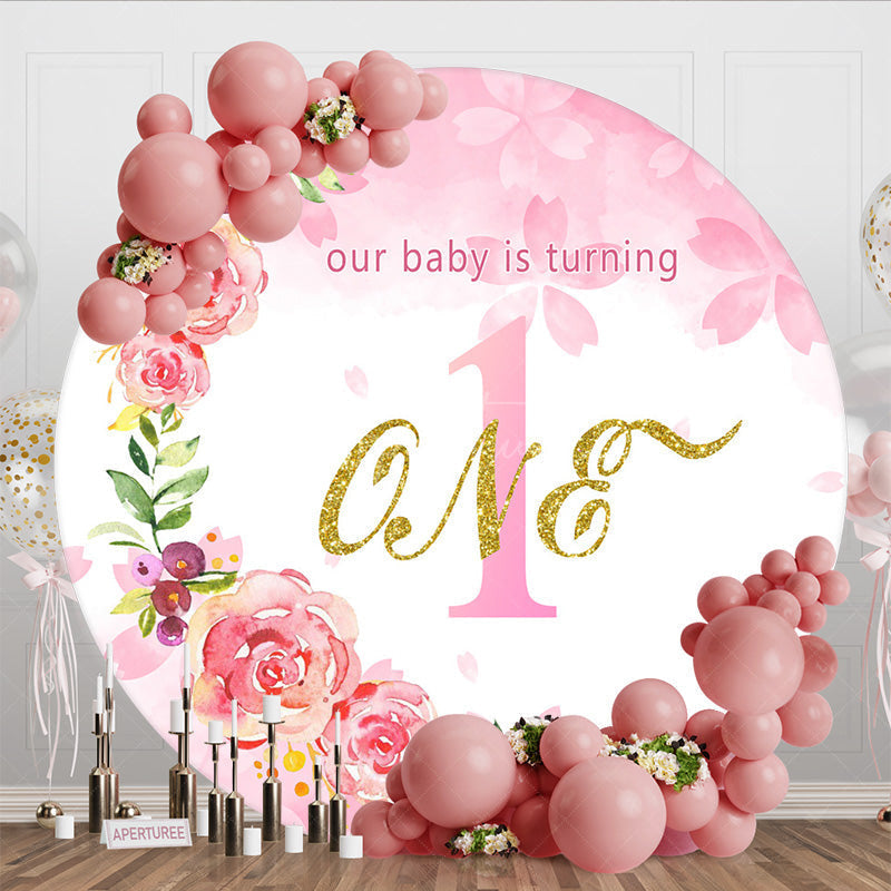 Aperturee - Aperturee Floral Pink Circle Happy First Birthday Backdrop