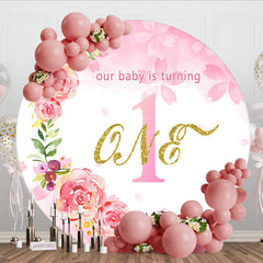 Aperturee - Aperturee Floral Pink Circle Happy First Birthday Backdrop