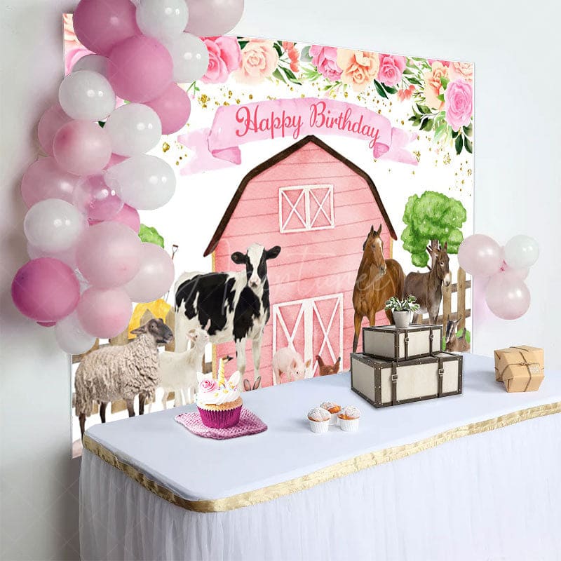 Aperturee - Aperturee Floral Pink Cowgirl Farm Animals Birthday Backdrop