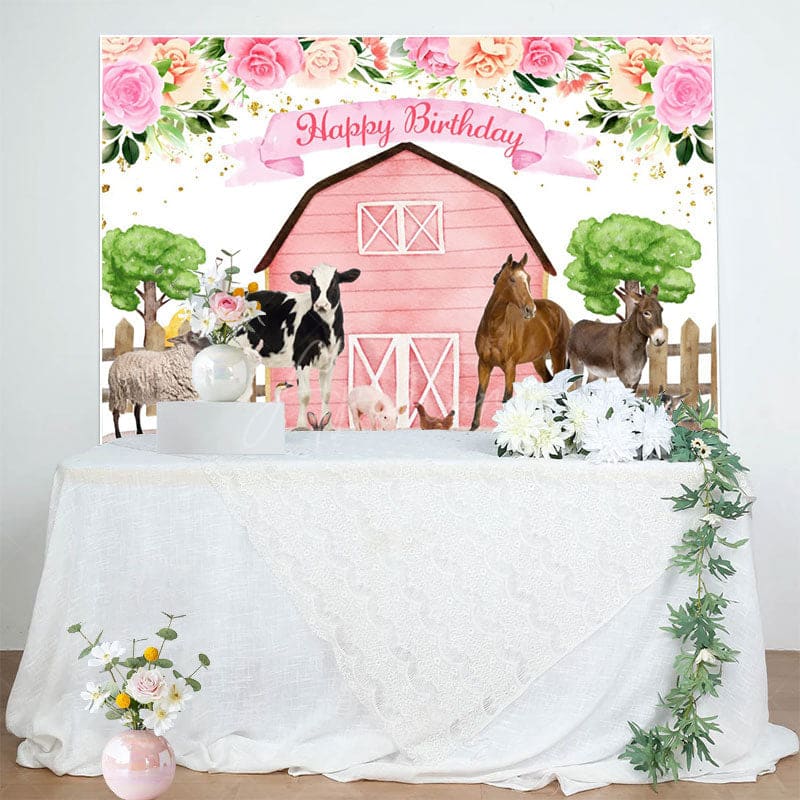 Aperturee - Aperturee Floral Pink Cowgirl Farm Animals Birthday Backdrop