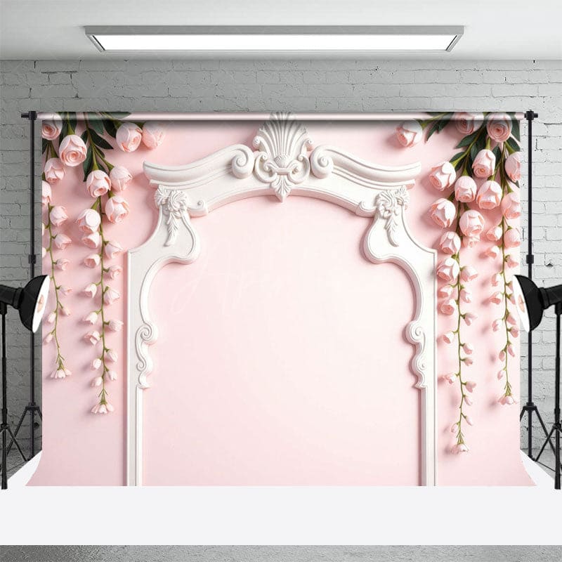 Aperturee - Aperturee Floral Pink Crown Molding Wall Wedding Photo Backdrop