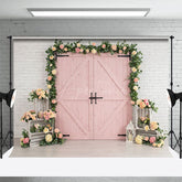 Aperturee - Aperturee Floral Pink Door White Brick Wall Wedding Backdrop
