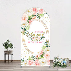 Aperturee - Aperturee Floral Pink Glitter Gold Baby Shower Arch Backdrop