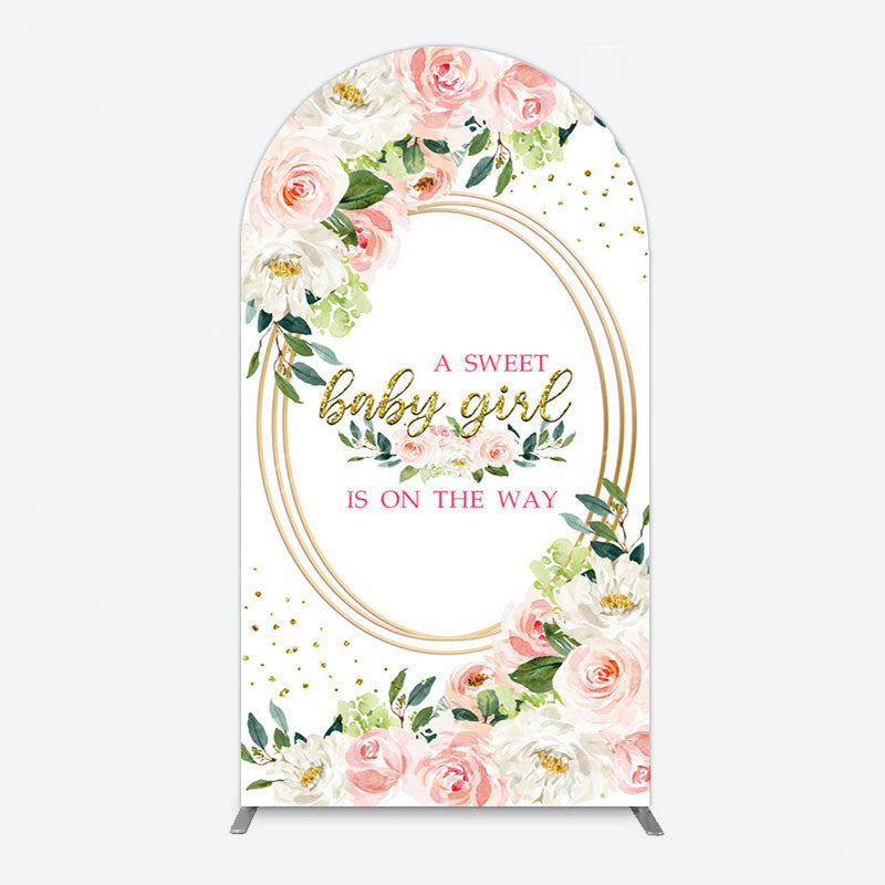 Aperturee - Aperturee Floral Pink Glitter Gold Baby Shower Arch Backdrop