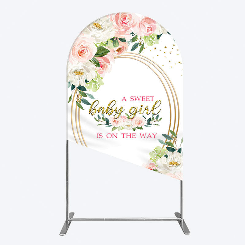 Aperturee - Aperturee Floral Pink Glitter Gold Baby Shower Arch Backdrop