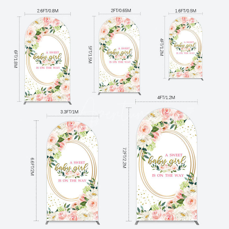 Aperturee - Aperturee Floral Pink Glitter Gold Baby Shower Arch Backdrop